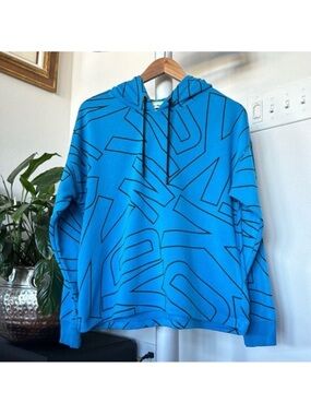 DKNY Sport Logo Print Pullover Hoodie Sweatshirt Sz M Blue Black